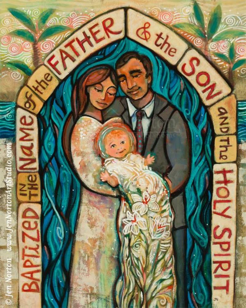 Acrylic on paper painting of a family with a child baptized in Catholic Christian tradition.